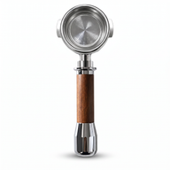 E61 Portafilter 58mm Wood Handle Bottomless & Spouted: handle bottomless spouted hero product shot