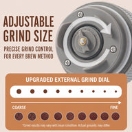 Adjustable coarse-to-fine grind size dial on Yozcoffee coffee grinder