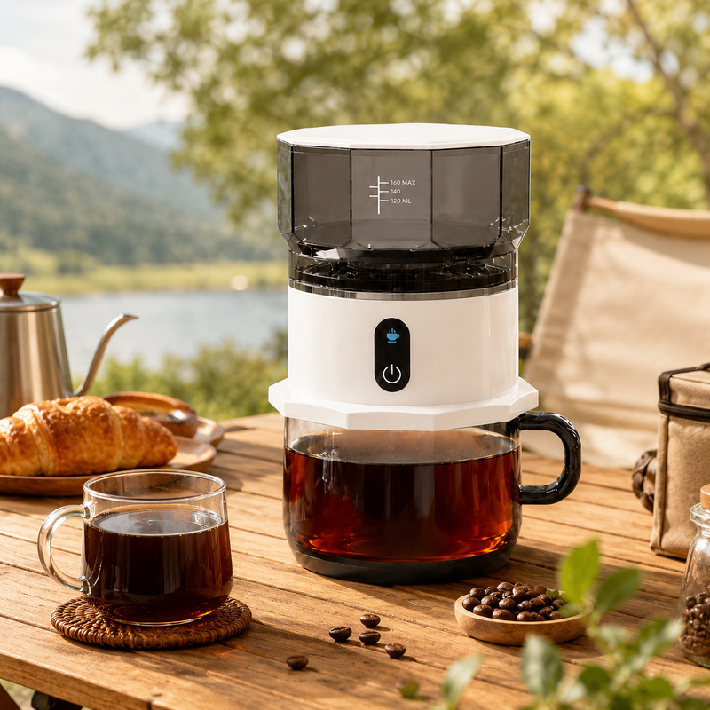 Portable Automatic Coffee Maker 160ml Mini Drip Brewer: outdoor in a lifestyle coffee setup setup