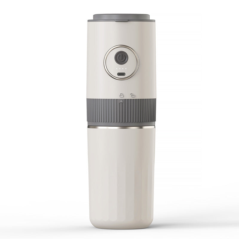 White Yozcoffee portable electric coffee grinder with travel cup