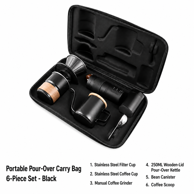 Set pour-over portátil Yozcoffee de 6 piezas con molinillo manual y estuche - imagen del producto