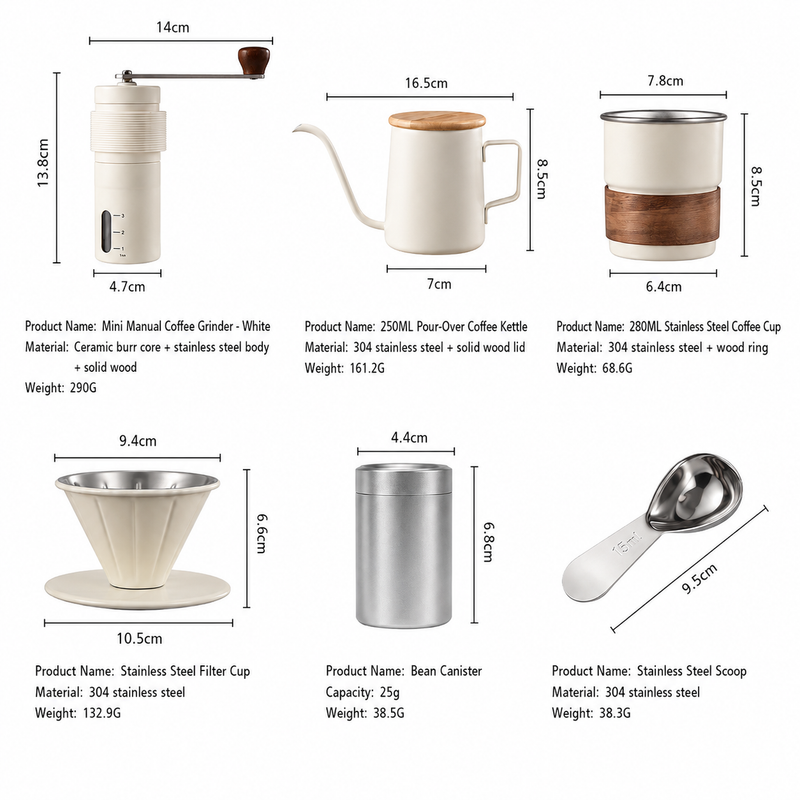 Set pour-over portátil Yozcoffee de 6 piezas con molinillo manual y estuche - imagen del producto
