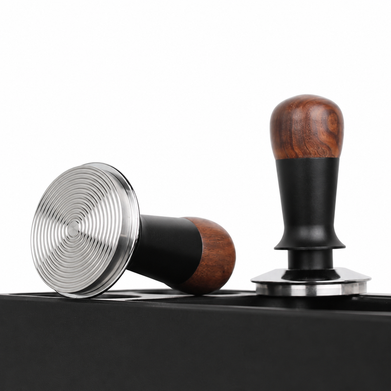Espresso Tamper 51/53/58mm Walnut Wood Constant Force — shown in a home coffee-bar setup
