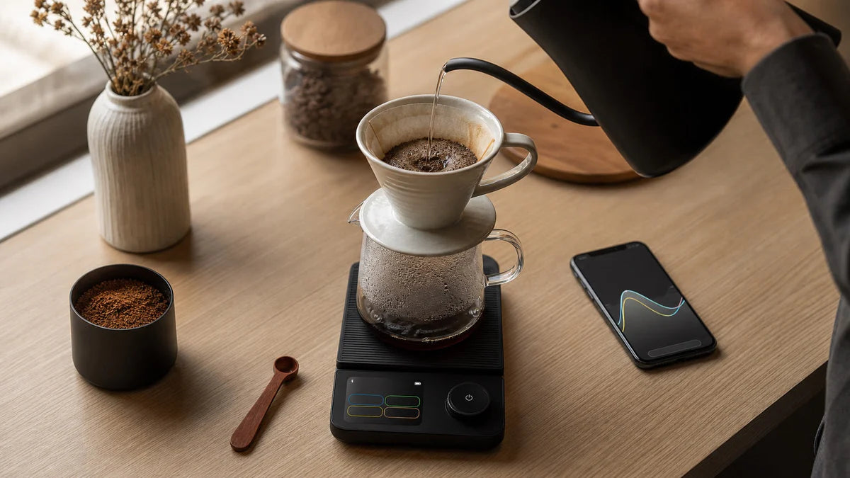 Yozcoffee desplegable en una escala inteligente con el temporizador de café teléfono